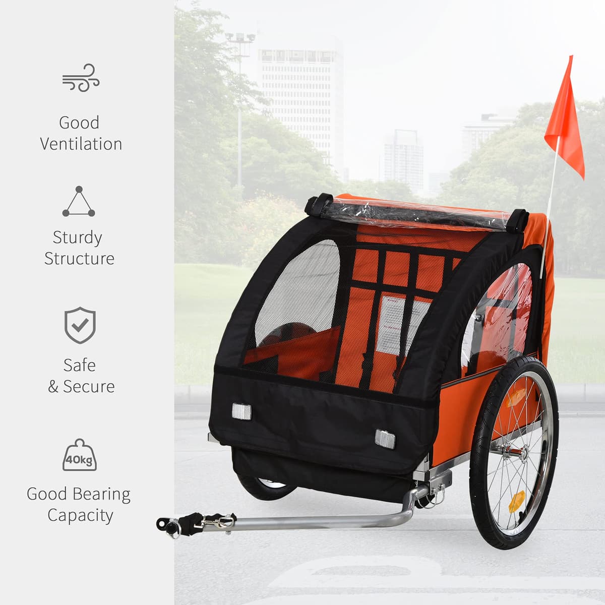 HOMCOM 2 Seat Bike Trailer Bicycle wagon for Kids Child Steel Frame Safety Harness Seat Carrier Orange Black 130 x 76 x 88 cm — view 4