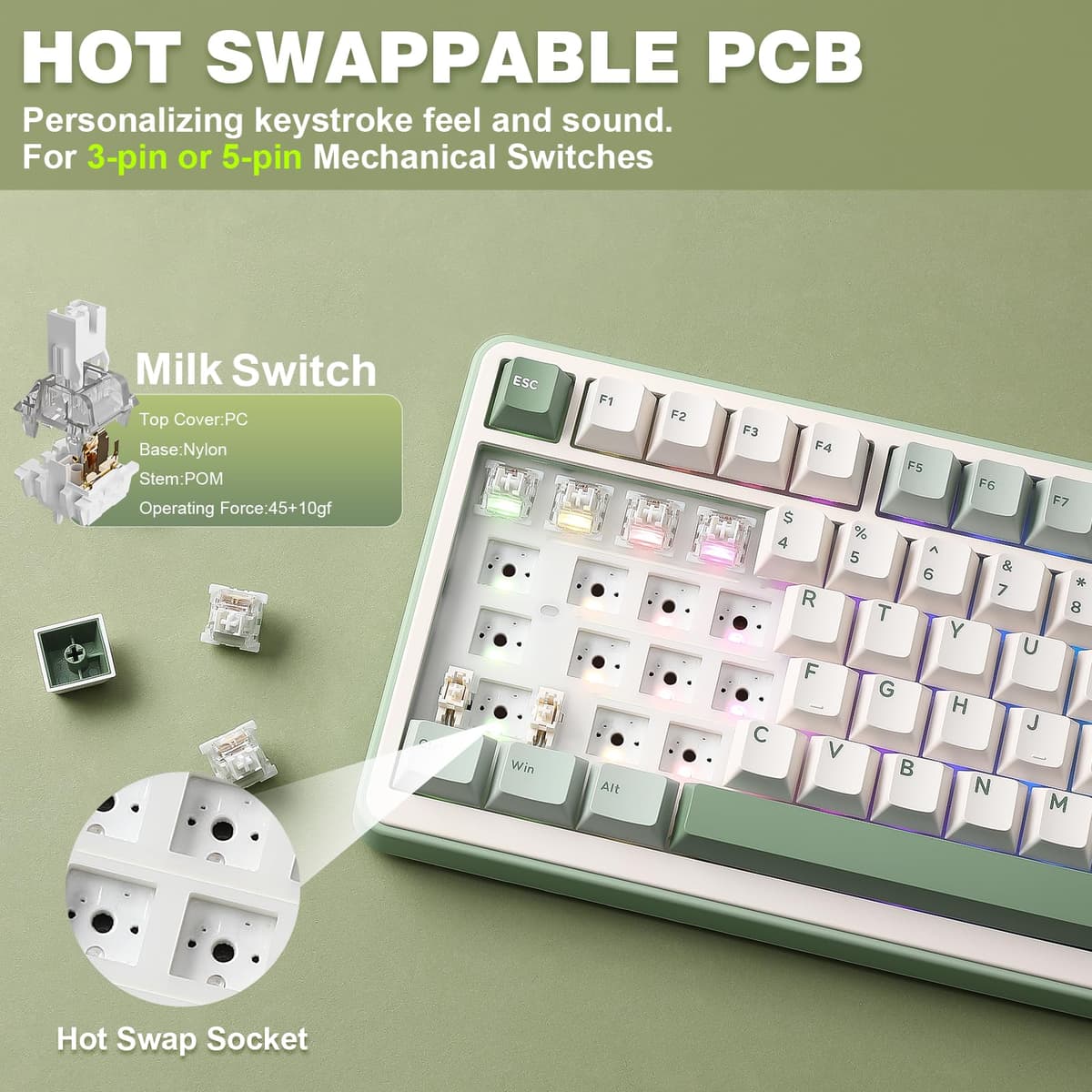 YUNZII B75 PRO Wireless Mechanical Keyboard,75% Gaming Keyboard Gasket Hot Swap Custom Keyboard with Knob,Pre-lubed Switches RGB,Bluetooth/Type-C/2.4G (Matcha Green, Milk Switch) — view 5