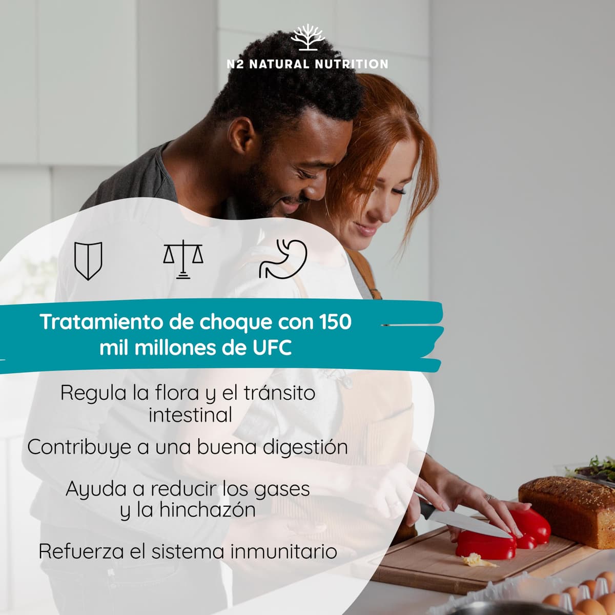 Probioticos 150 mil millones UFC y 20 Cepas. Máxima concentración de Probioticos y Prebioticos intestinales y Zinc. Terapia de choque 76 Días. Colon irritable y gases. Vegano. CE. N2 Natural Nutrition — view 3
