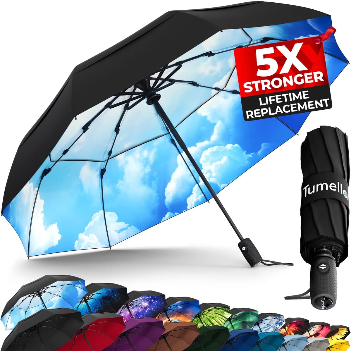 TUMELLA Strongest Windproof Travel Umbrella (Compact, Superior & Beautiful), Small Strong but Light Portable and Automatic Folding Rain Umbrella, Durable Premium Grip, Fits Car & Backpack Black — view 22