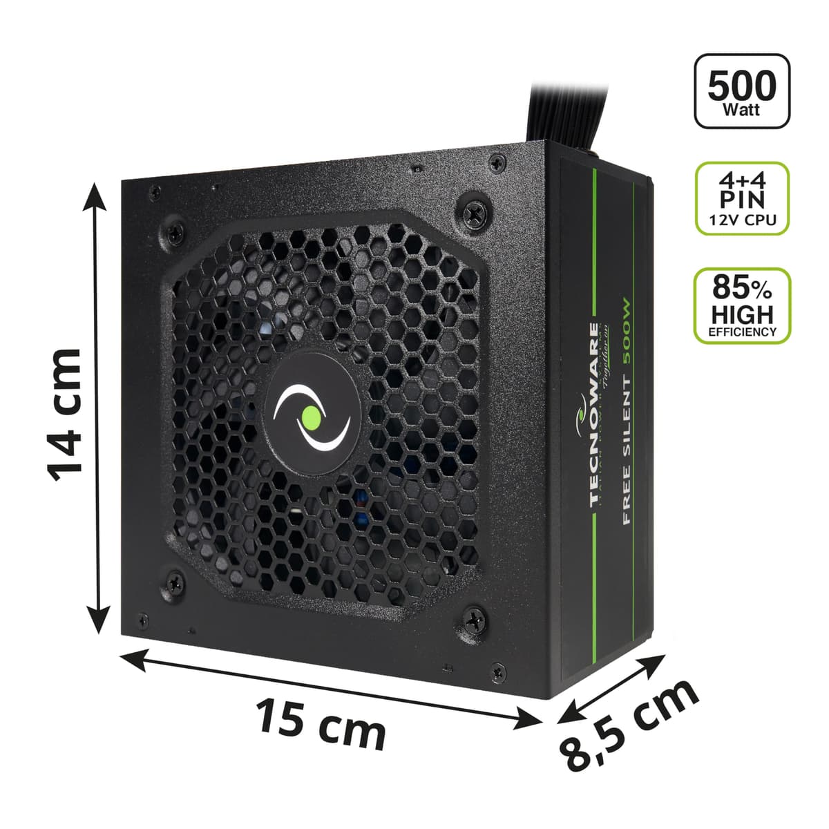 Tecnoware Free Silent 500 ATX Power Supply, 5inch Silent Fan, 2 x SATA, 1 x 24 Pin, 1 x 12V 4+4 Pin, 2 x Molex, Over Voltage Protection, 16inch Cables, CE and Rohs Certified — view 2