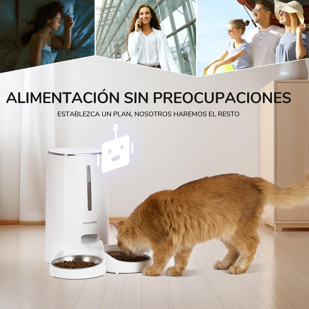 FUKUMARU WiFi Automatic Cat Feeder, 4L Food Dispenser for Dog/Cat with Two Bowls, Customized Program of Automatic Feeding, Battery Operated and Electrical Wiring, White — view 5