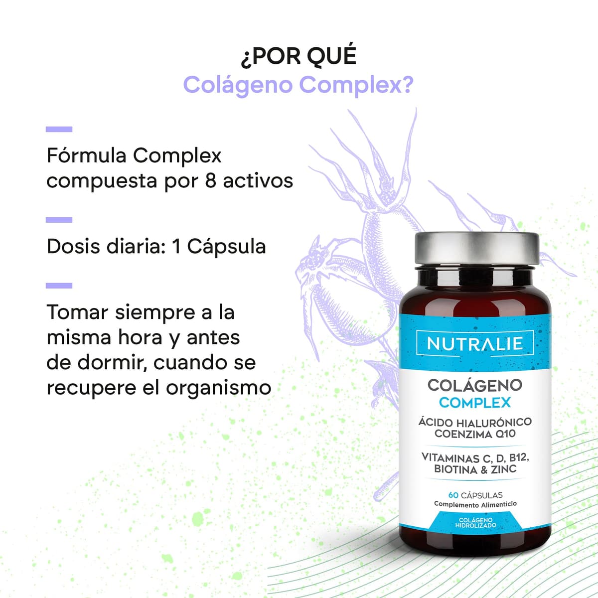 Colágeno Ácido Hialurónico - Hidrolizado + Biotina + Q10 - Piel Cartílago - Vit C D B12 y Zinc - Collagen Complex - 60 Cápsulas Nutralie — view 3