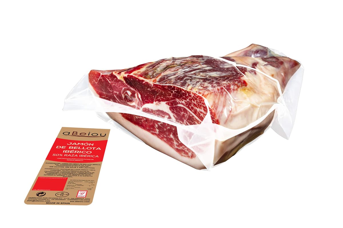 Jamón Ibérico de Bellota Deshuesado Sin Hueso 50% Raza Ibérica 1 kg — Curación +36 Meses — Cert. Hycer — Guijuelo Salamanca — aBeiou