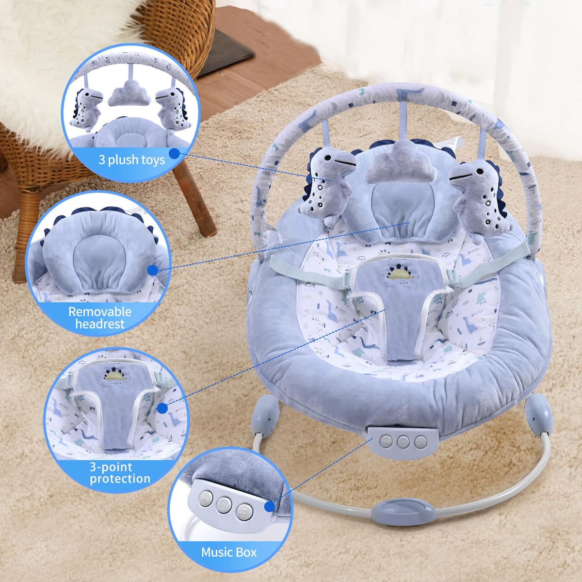 LADIDA Soft Light Blue Baby Bouncer, Soothing Vibrations and Music, Removable Toy Bar with 3 Toys Suitable for Newborns — view 4
