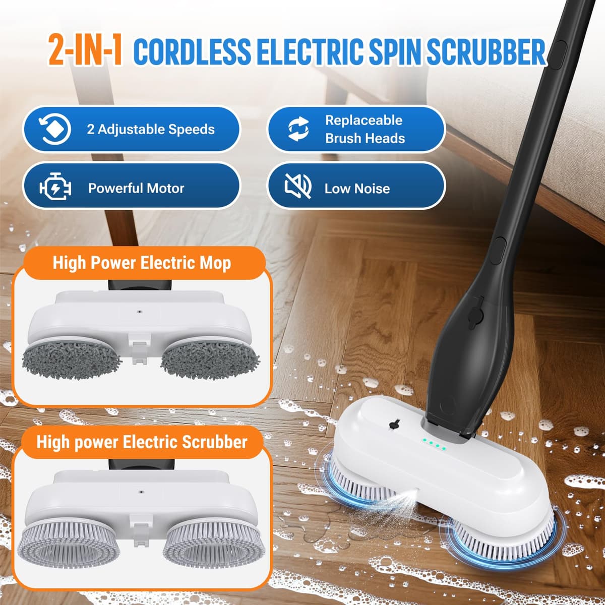 LifeBasis Fregona y Fregadora Eléctrica 2en1 con Pulverizador Impermeable IPX8,Tanque de Agua de 800ML,Fregadora Eléctrica y Mango Extensible Ajustable para Pisos de Mármol,Laminado,Madera y Baldosas — view 2