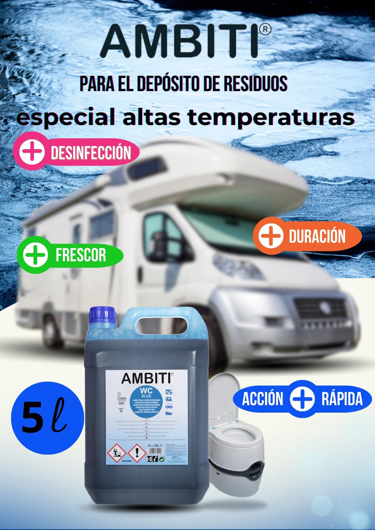 Ambiti | WC Blue | Aditivo para Depósito de Residuos Aguas Negras | Inodoros Portátiles de Autocaravanas, Caravanas y Barcos | Elimina Olores, residuos y Desinfecta | Fragancia Piña Colada (5L) — view 2
