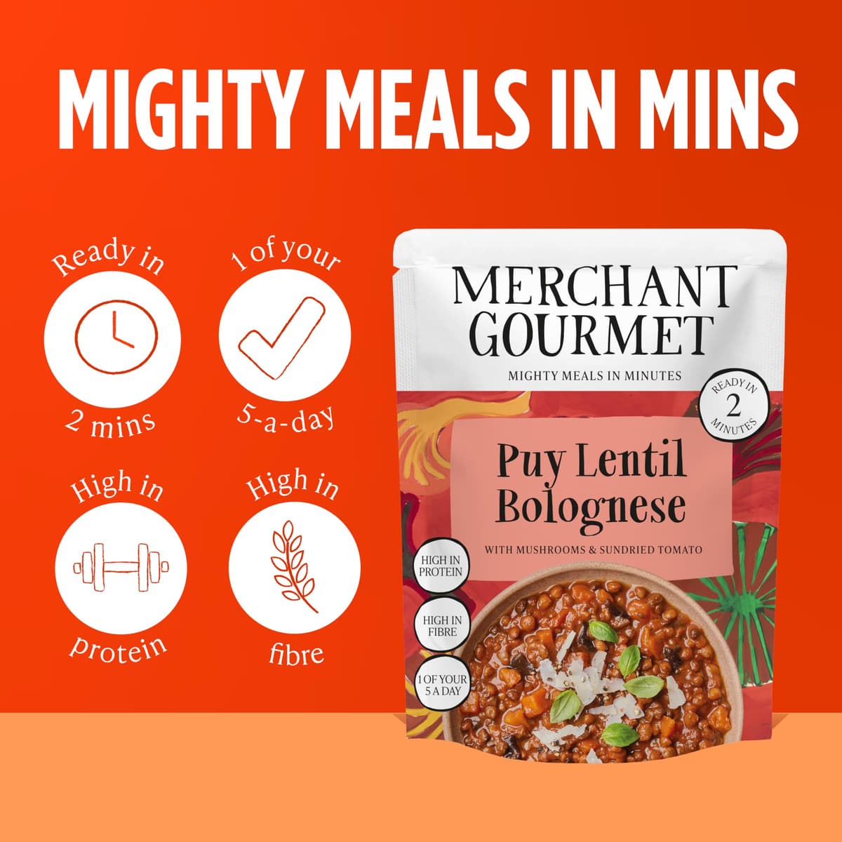 Merchant Gourmet Ready-to-eat Puy Lentil Bolognese Pack of 6 x 280g Pouches High in Protein High in Fibre Vegan. Cooked with Puy & Brown Lentils Mixed Mushrooms Sundried Tomato Paste Ready-Meal Option — view 5
