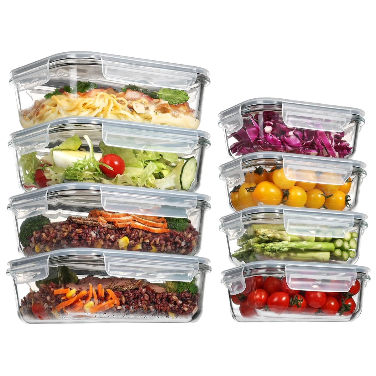 Vtopmart Set de 8 Unidades Recipientes de Cristal para Alimentos, Recipientes de Vidrio Hermeticos con Tapa, Reutilizables, Apilables, Apto Lavavajillas y Microondas,Libre de BPA — view 9