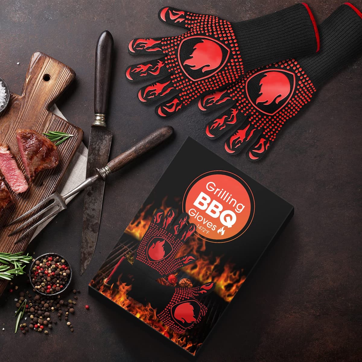 Guantes Barbacoa, Guantes para Horno Resistentes al Calor hasta 800℃ / 1472℉ para Cocina, Parrilla, Hornear, Microondas - certificación EN407(1 Par) (Rojo) — view 7