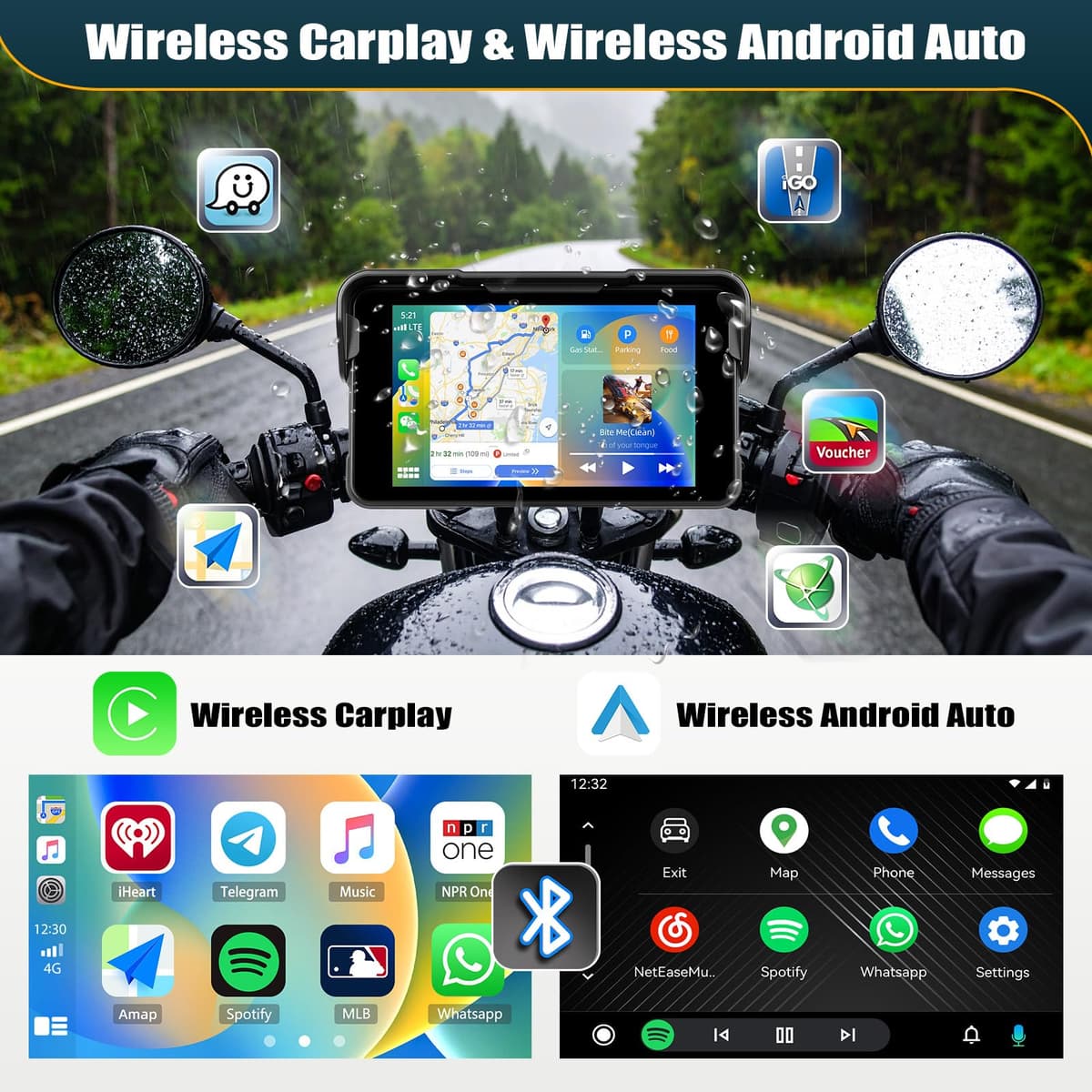 CAMECHO Moto Carplay Pantalla 5 Pulgadas con Wireless Carplay Android Auto IP68 Dispositivos de Navegación a Prueba de Agua, Pantalla Táctil con Bluetooth para Motocicletas con Android Cast Airplay — view 2