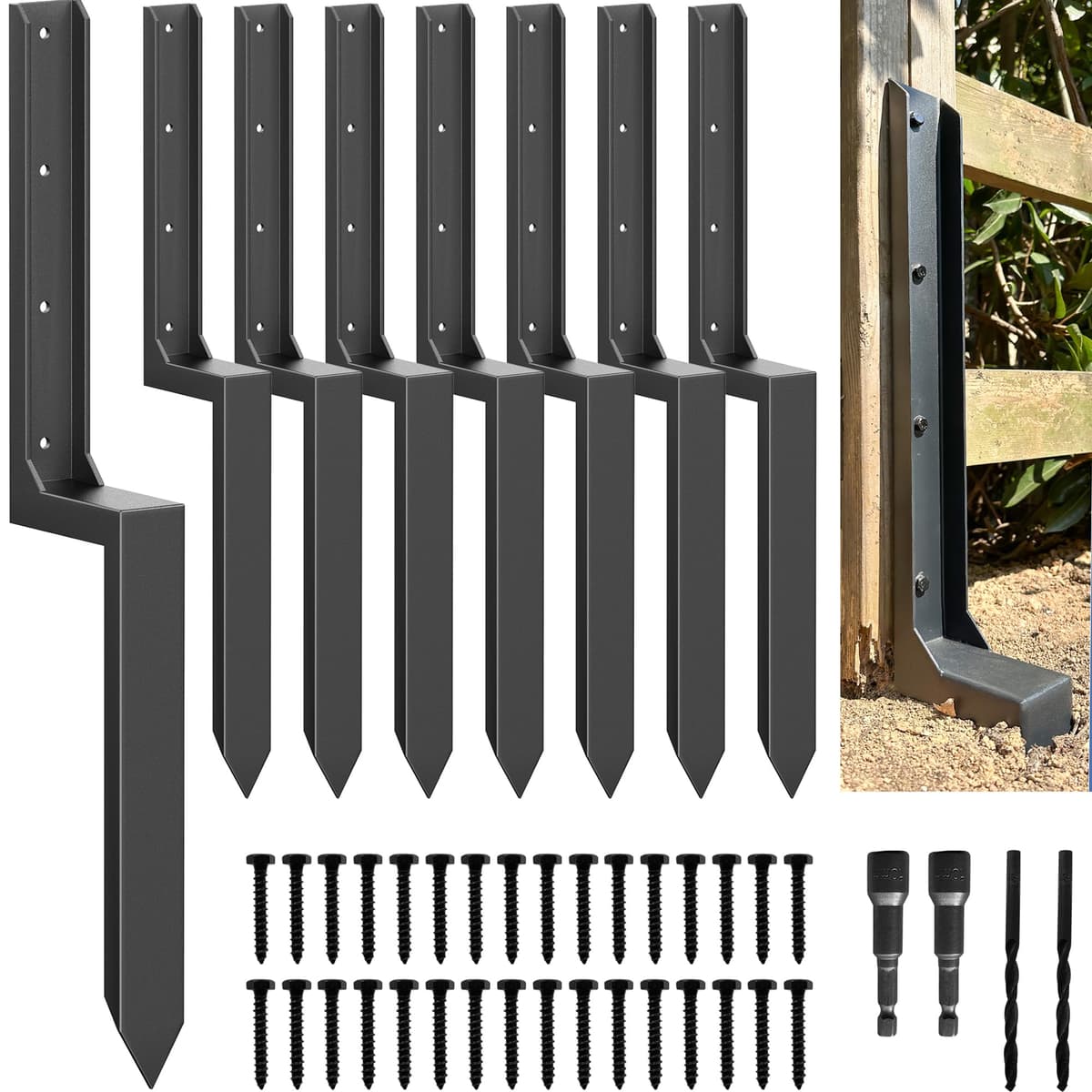 Fence Post Repair Kit - One-Piece Steel Anchors & Stakes to Quick Fix Broken/Leaning 4x4/6x6 Wood Posts (Thickened 11-Gauge, 4-Pack) — view 9