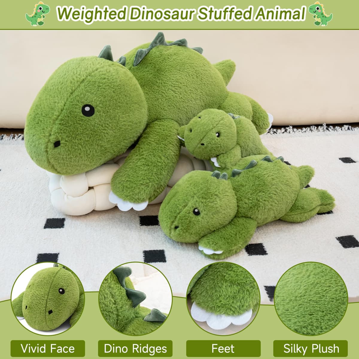 SQEQE Peluche de Dinosaurio con Peso, Peluche de Dinosaurio Suave, con Peso, Bonitos Peluches para niños y Adultos, 25 cm — view 2