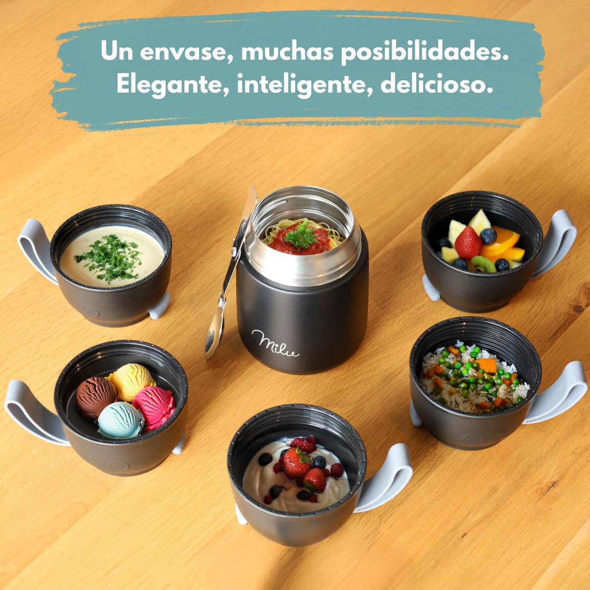 Milu Termo para Comida 450 ml Taza Aislada, Botella de Acero Inoxidable Aislada Alimentos, Beber y sopa de los niños de adultos Térmico (450ml/Verde Azul) — view 2
