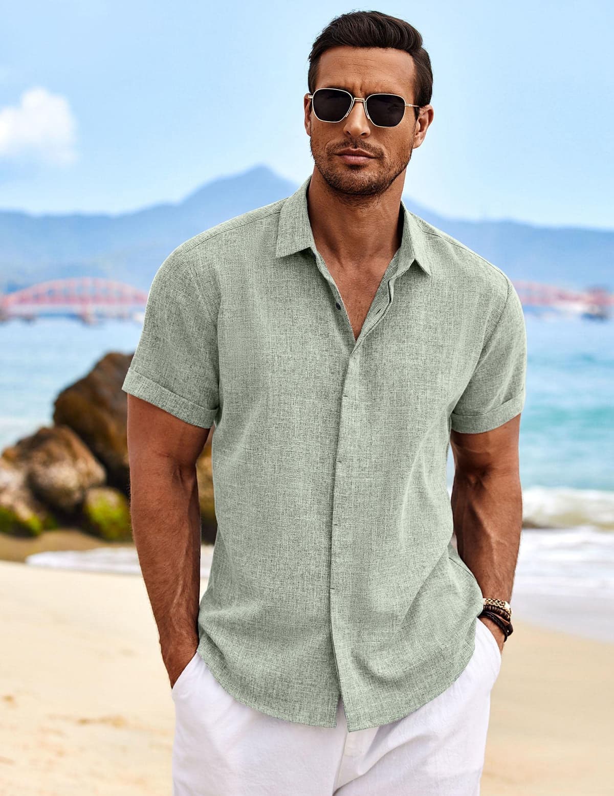 COOFANDY Men's Linen Shirts Short Sleeve Casual Shirts Button Down Shirt for Men Beach Summer Wedding Shirt — view 2