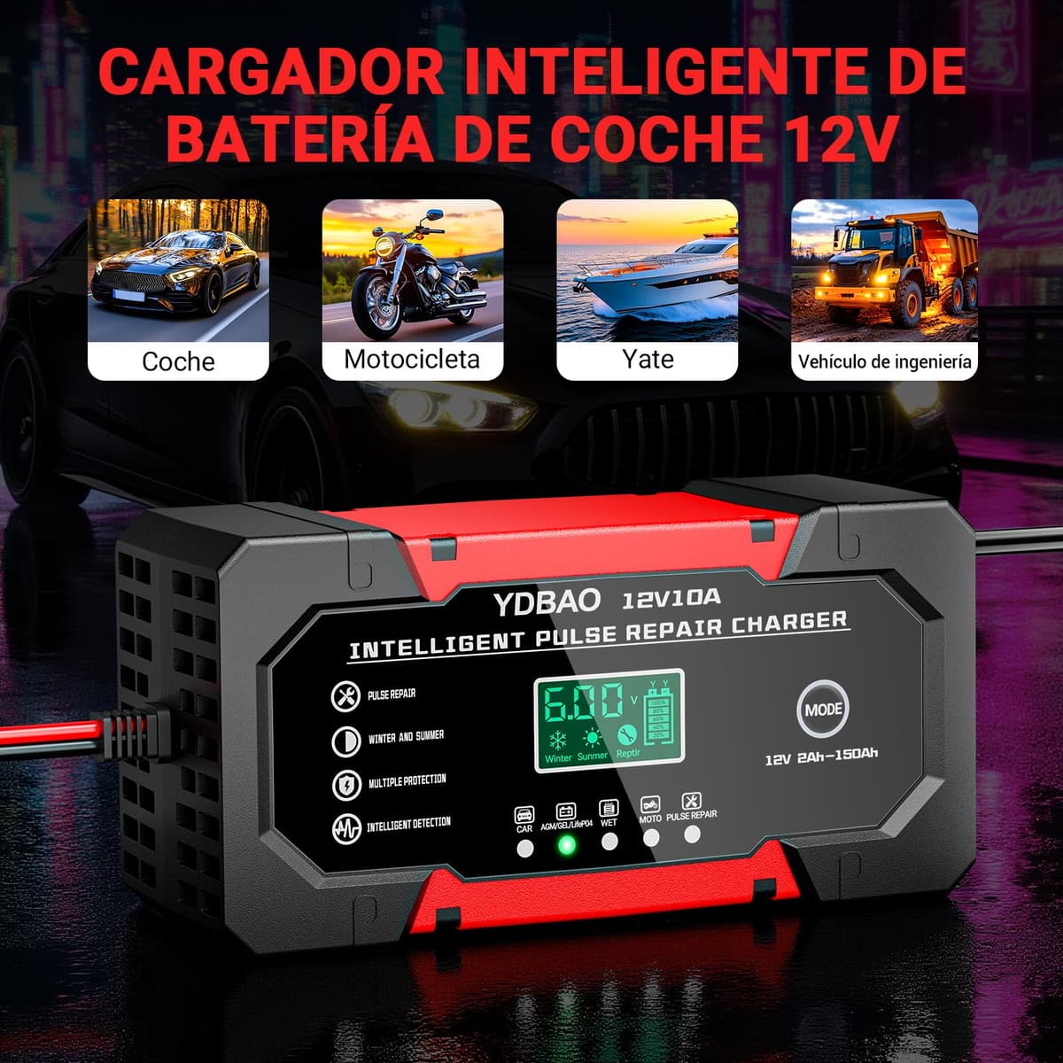 YDBAO Cargador Baterias Coche 12V 10A Cargador de baterias Coche y Moto Inteligente con Reparación y Pantalla LCD y Múltiples Protecciones Cargadors de batería para Auto,Moto, Camión, AGM, SLA, Gel — view 5
