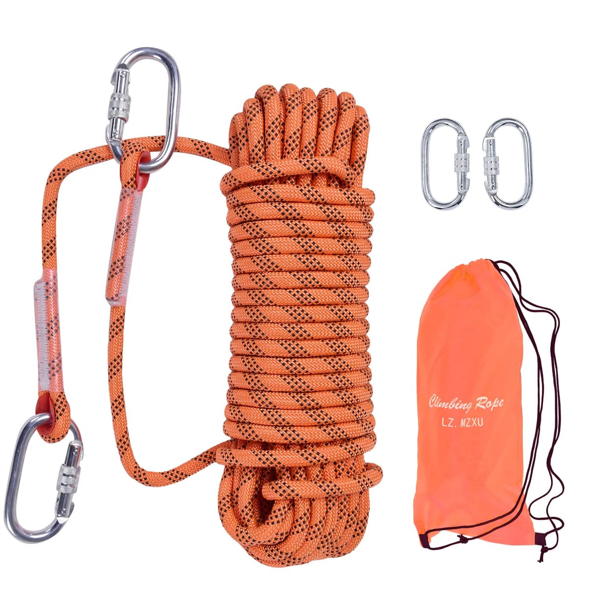 Cuerda Escalada 10M, 10mm Cuerda de Escalada Cuerda de Seguridad Nylon Cuerda Cuerdas de Rescate con 2 Mosquetón para Usos al Aire Libre Cuerda Camping Exterior Montañismo (Naranja)