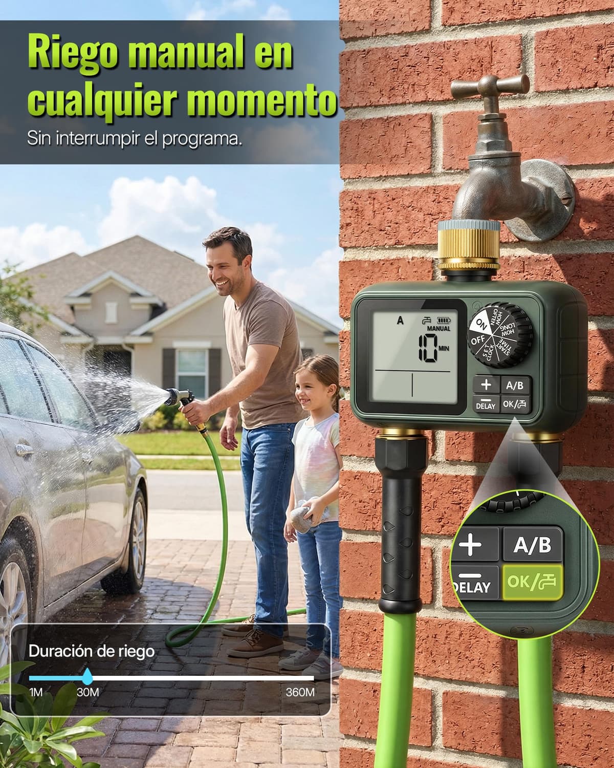 2 Valve Irrigation Programmer, Automatic Irrigation Computer, Timer for Garden Hose Tap, Rain Delay Function, Patio and Lawn, Dark Green — view 3