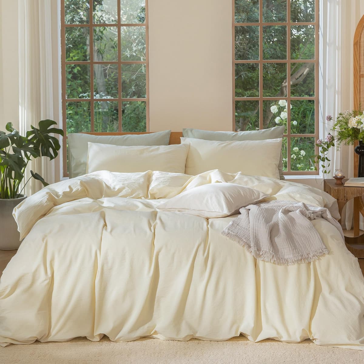 MooMee Bedding Duvet Cover Set 100% Washed Cotton Linen Like Textured Breathable Durable Soft Comfy (Tannish Linen Grey, King) — view 148