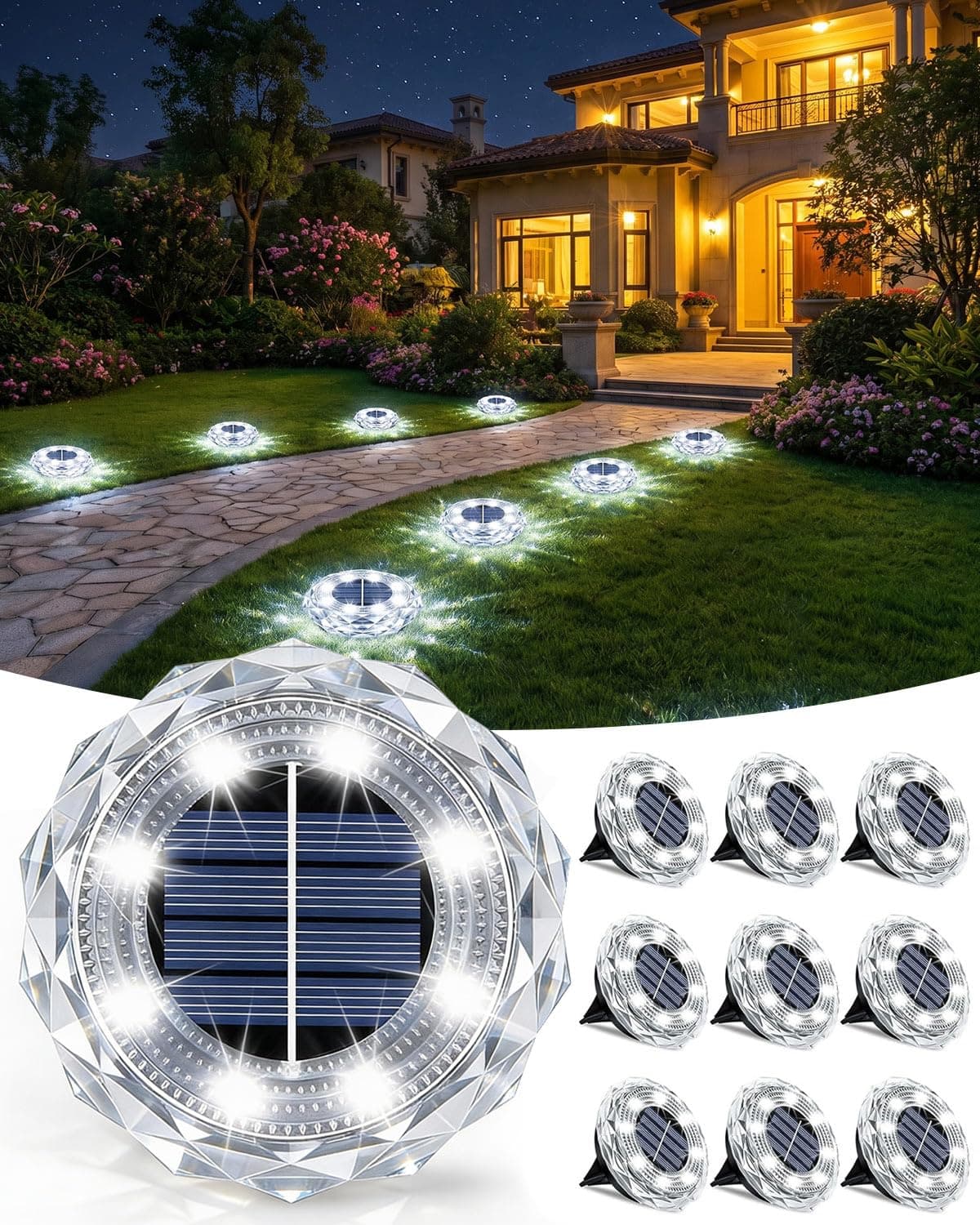 10 Pack Solar Lights Outdoor Garden, 8 LEDs Solar Ground Lights, IP65 Waterproof Outdoor Landscape Lamp, Solar Powered Pathway Lights for Patio Yard Driveway Walkway - Cold White