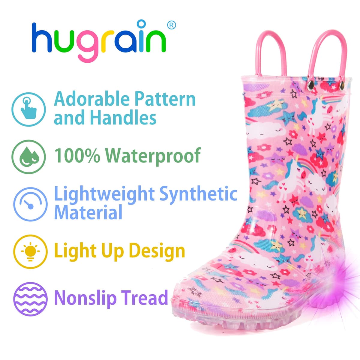Hugrain Kids Adorable Light Up Wellies with Easy On Handles — view 3