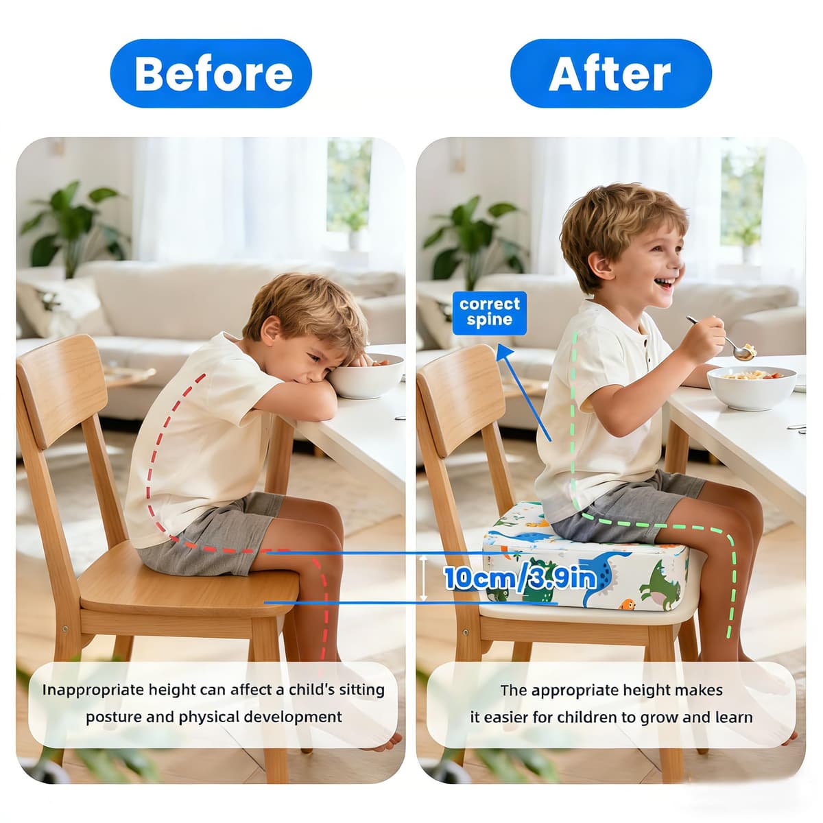 Baby Booster Seat for Dining Chair Table Toddler Booster Seat for Kitchen Chair with Non-Slip Bottom, Portable Detachable Washable Cushion with 2 Adjustable Straps Dinosaur White — view 3