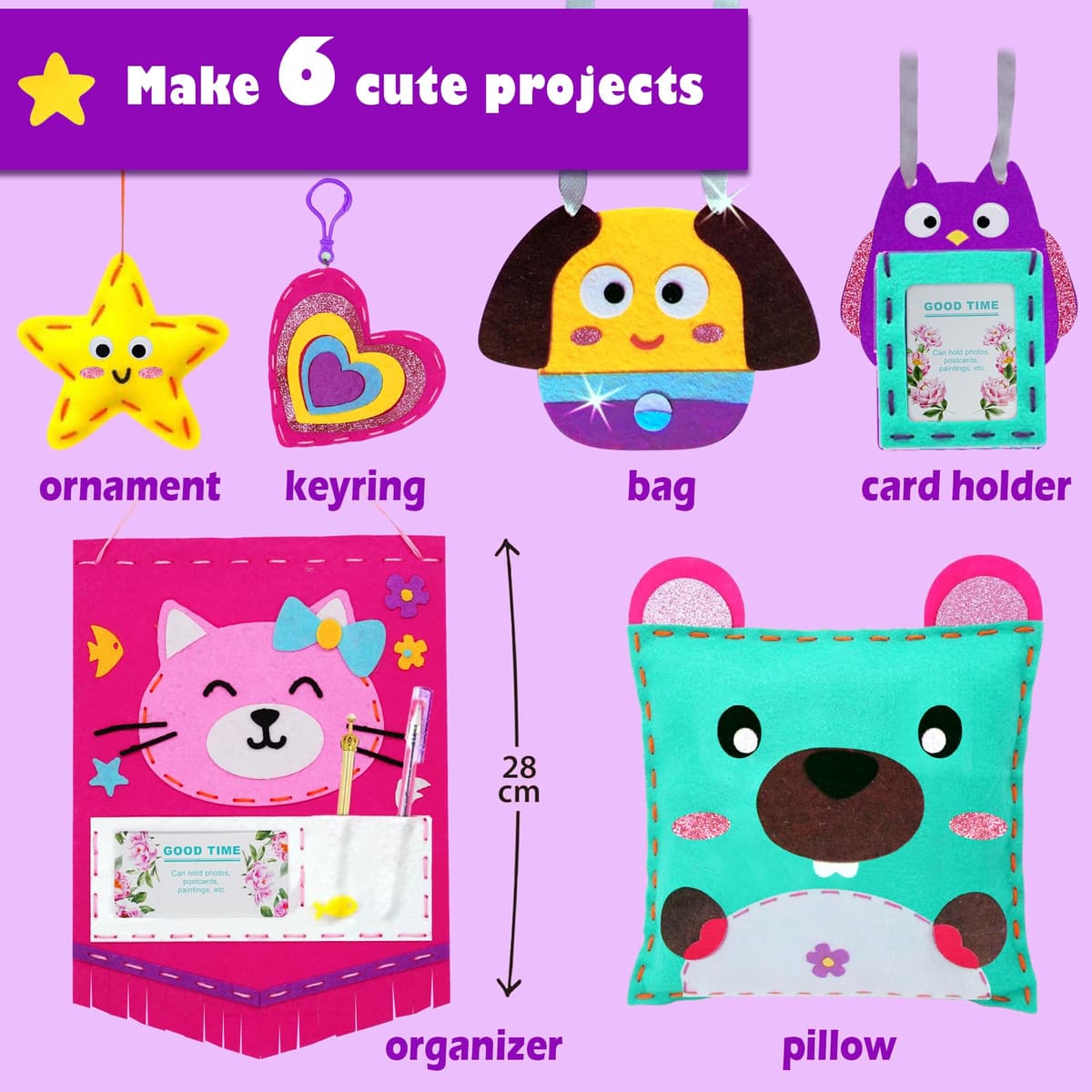 Aimiffy My First Sewing Kit for Kids, Beginners in Arts and Crafts, Includes 6 Easy Project Dolls, Pillows, Instructions and Felt Materials for Learning to Sew and Embroidery — view 4