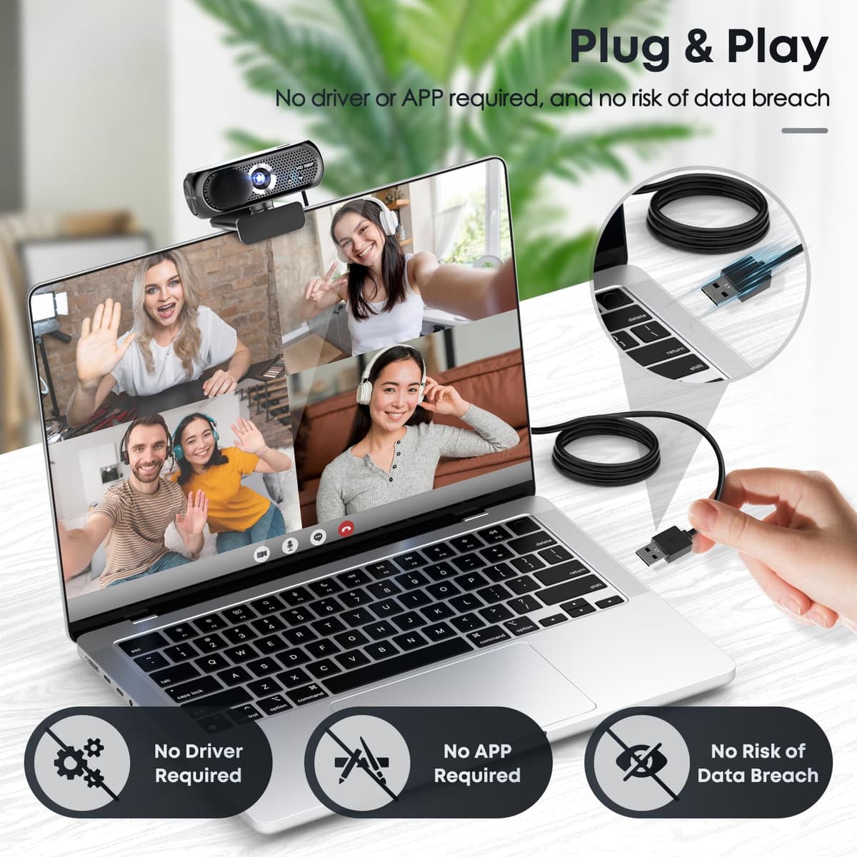 1080P HD Webcam with Microphone, Noise Cancellation, Privacy Cover, Wide-Angle Lens, Auto Light Correction, Plug & Play USB Web Camera for Laptop, Desktop, PC, Mac, Zoom, Skype, Streaming (Black) — view 5