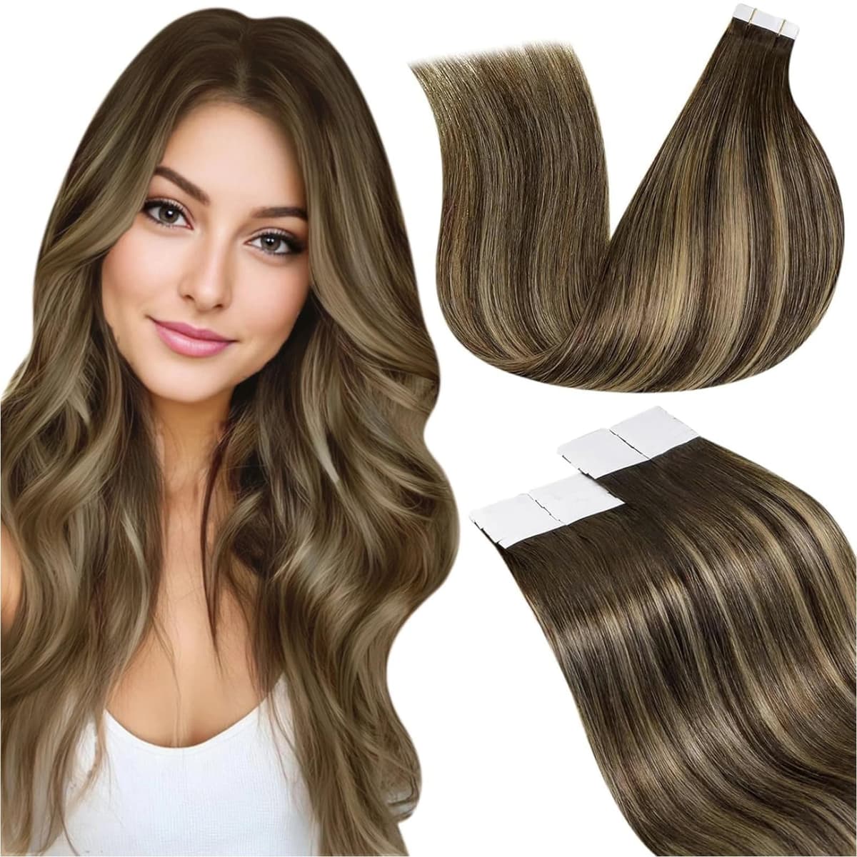 LaaVoo Tape in Hair Extensions Human Hair Blonde Tape Hair Extensions Real Human Hair Invisible Tapes Remy Straight Balayage Brown to Blonde Hair Double Sided Tabs 20pcs 50g 16 Inch #8/18/60 — view 136