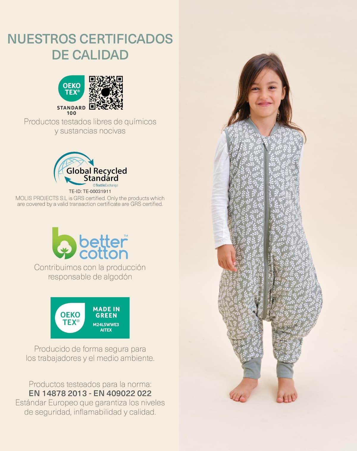 molis&co - Pijama Manta con Pies 2.5 TOG - 70 cm (1 año) - Ideal para Invierno - Suave y cálido - 100% algodón (Oeko-Tex 100) - Green Garden — view 6