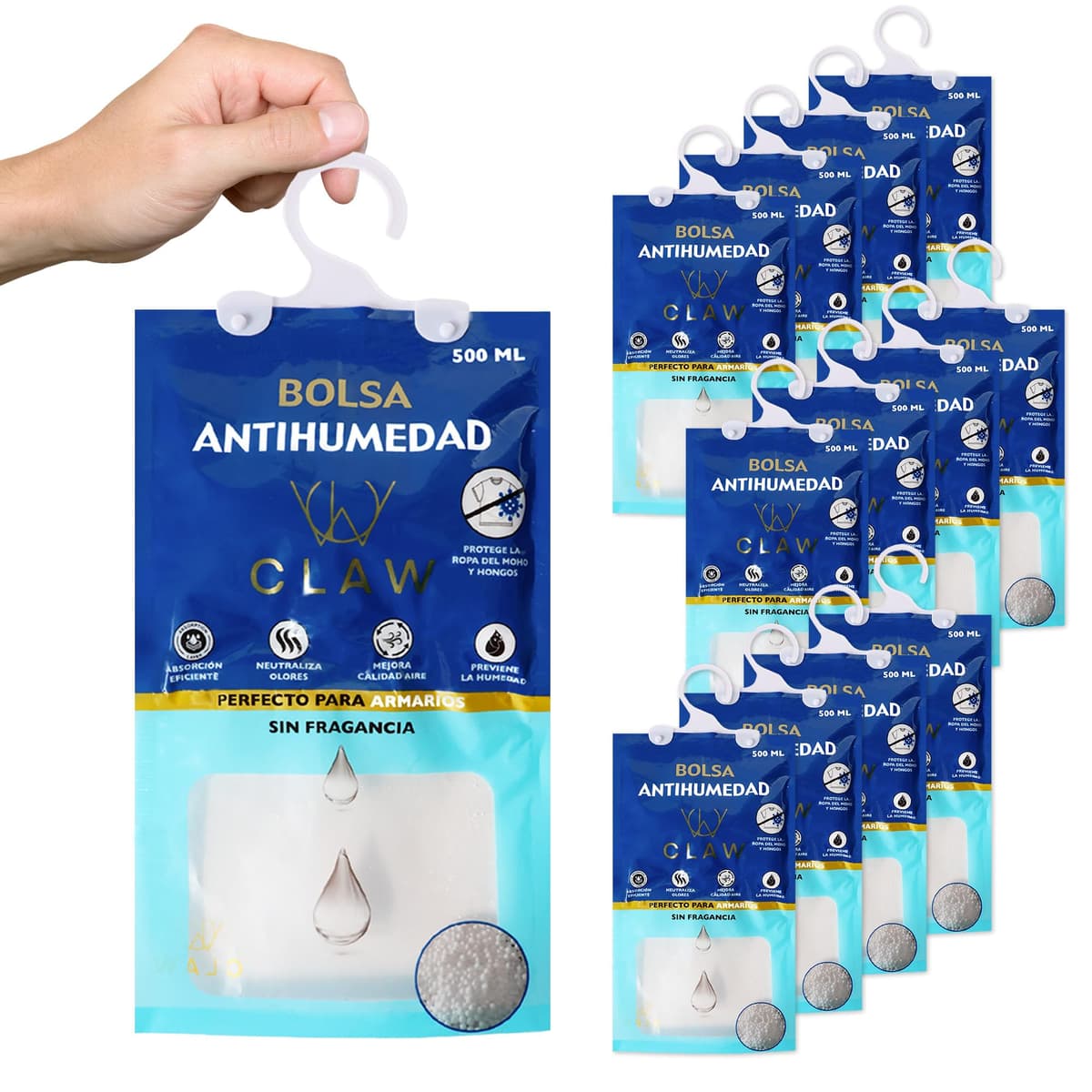 Pack de 24 Bolsas Antihumedad 2.4KG Armario Ropa – Deshumificador Percha Colgante Garaje – Elimina malos Olores - Absorbente Humedad Trastero (24)