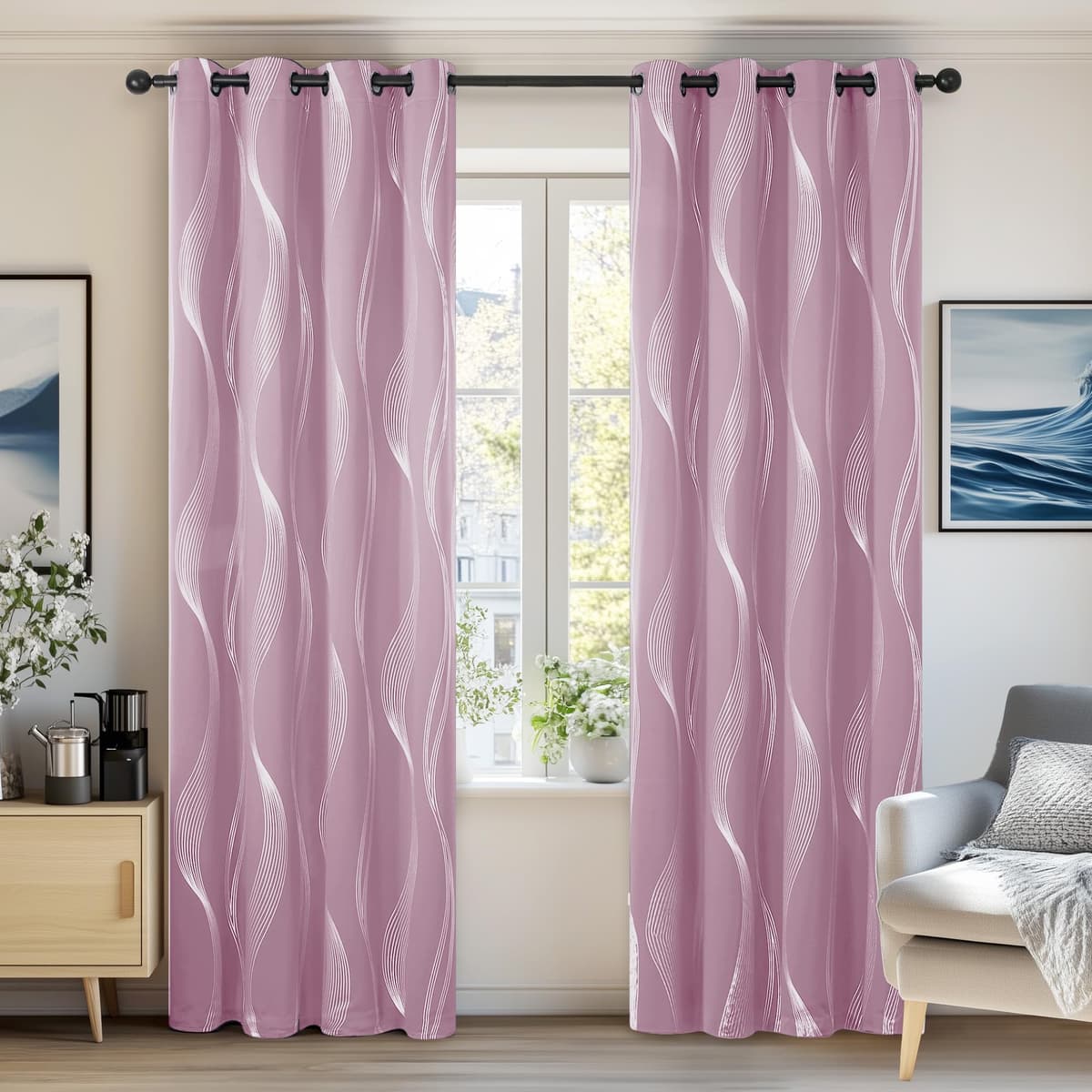 Deconovo Grey Blackout Curtains for Living Room 72 Drop Silver Wave Line Foil Printed Blackout Curtains Thermal Insulated Curtains Eyelet Curtains for Baby Nursery 46 x 72 Inch Light Grey Two Panels — view 26