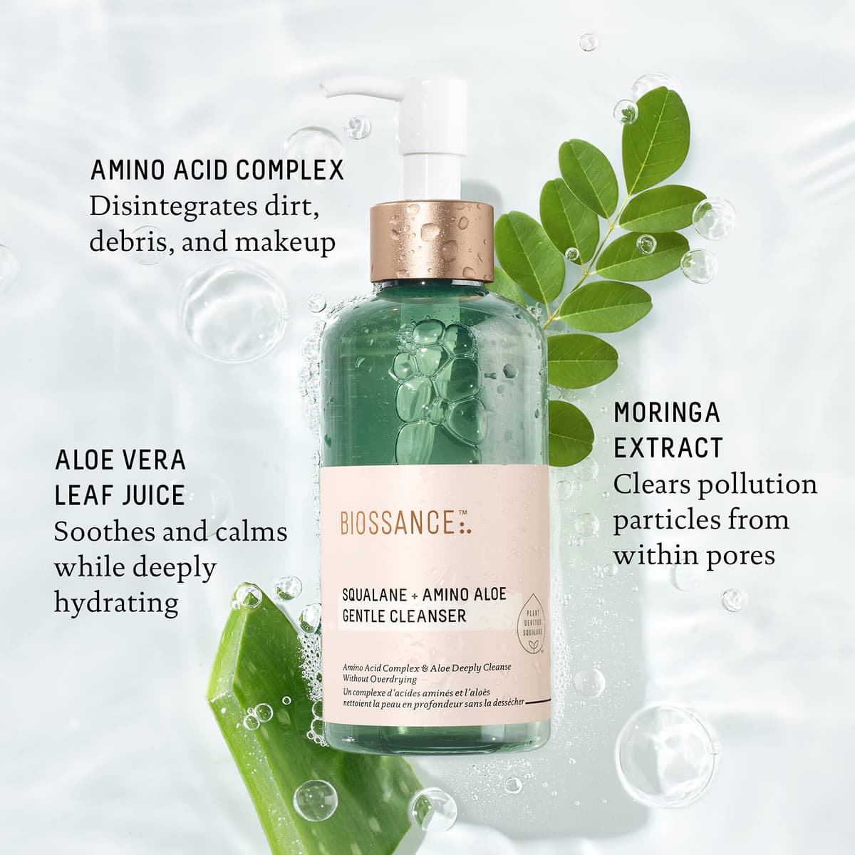 BIOSSANCE Squalane + Amino Aloe Gentle Face Wash 200ml– Foaming Facial Cleanser Gel – Hydrating for All Skin Types – Removes Makeup & Deeply Cleans Pores with Moringa Extract – Soothes with Aloe Vera — view 3