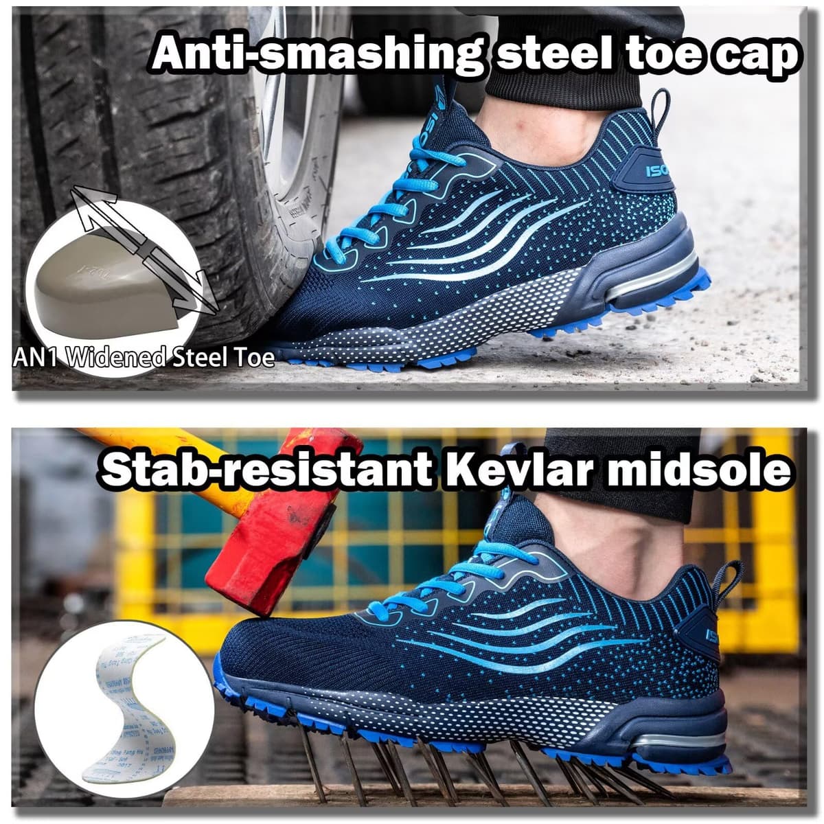 ISOOUS Zapatos de Seguridad Hombre Mujer Calzado de Trabajo Comodo Ligeros con Punta de Acero Transpirable Anti-pinchazos — view 2