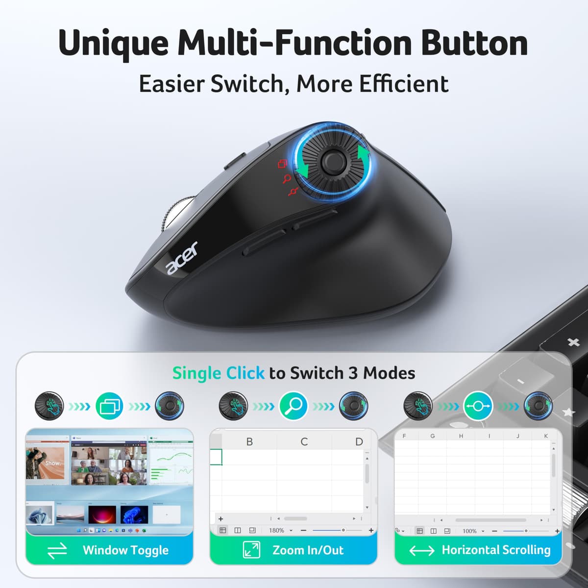 acer Ergonomic Mouse Wireless with Side Scroll Wheel, Bluetooth Mouse for Laptop(BT5.2+2.4GHz), Office Vertical Computer Mice, Small to Medium Sized Hands Ergo Mice, 8 Buttons for PC and Desktop — view 4
