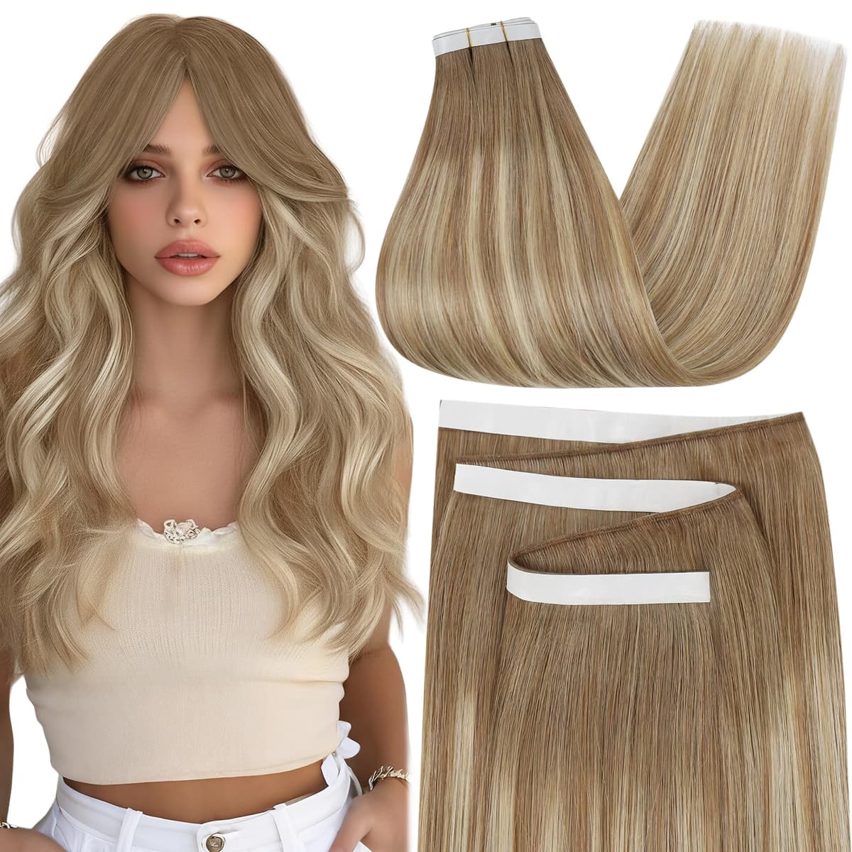 Moresoo Tape in Human Hair Extensions 20 Inch Highlight 50g/20pcs Tape in Hair Extensions Human Hair Ash Blonde with Platinum Blonde #P18/613 — view 22