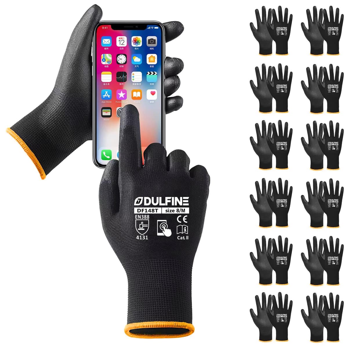 DULFINE Ultra-Thin PU Coated Work Gloves-12 Pairs,Excellent Grip,Nylon Shell Black Polyurethane Coated Safety Work Gloves, Knit Wrist Cuff,Ideal for Light Duty Work. (X-Small) — view 30