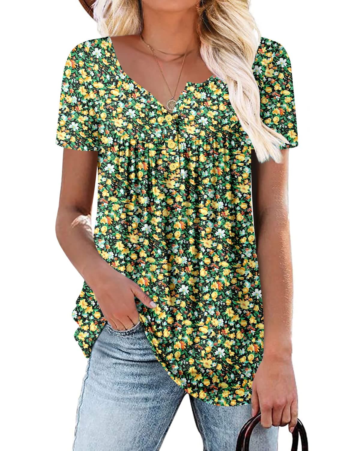 KISSMODA Ladies Pleated Tunic Tops for Women Buttons up Long Sleeve Shirts Floral Print — view 32