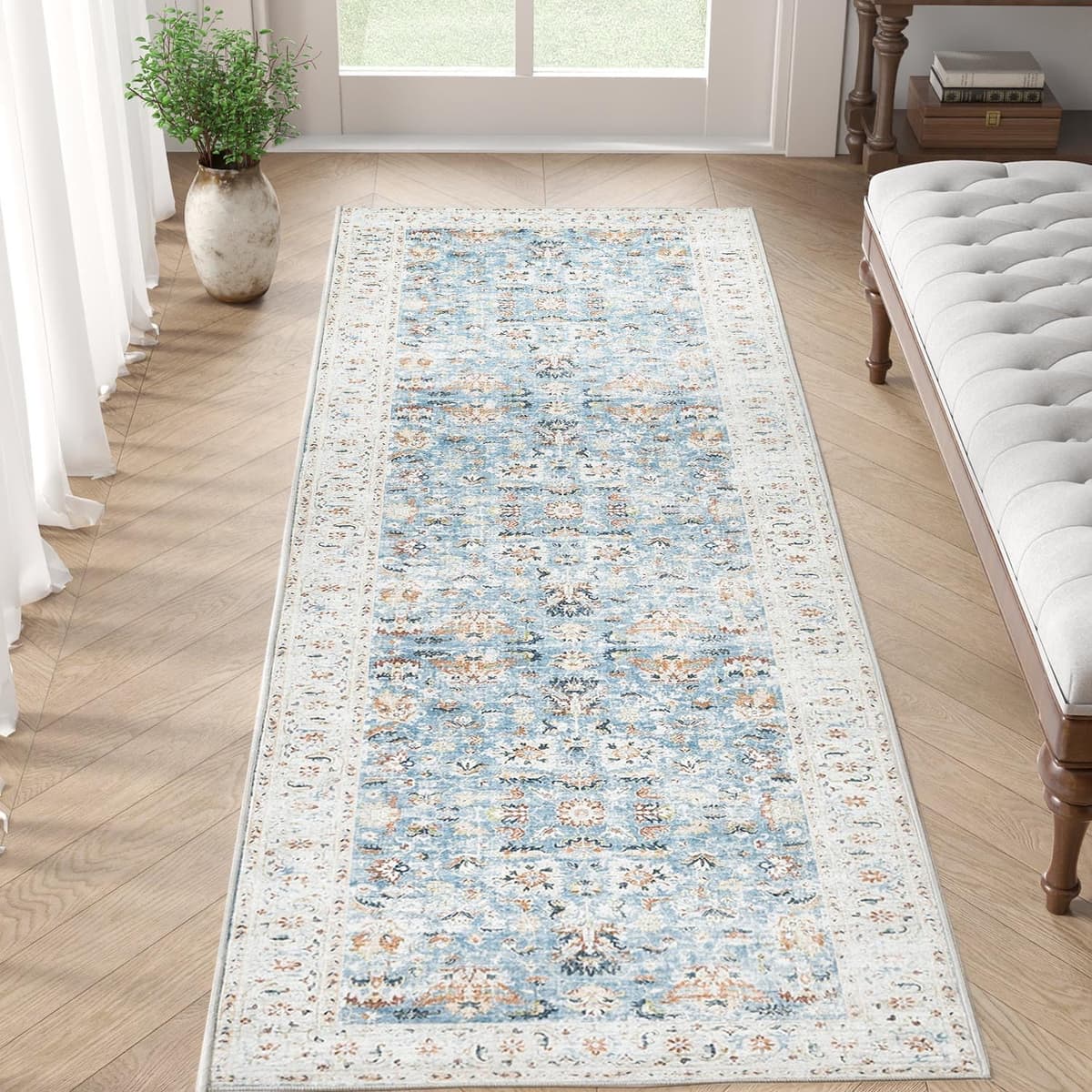 JINCHAN Area Rug 2x5 Runner Rug Door Mat Vintage Distressed Rug Doormat Entrance Mat Foldable Thin Rug Blue Floral Print Carpet Non Slip Boho Farmhouse Kitchen Living Room Bedroom Dining Room