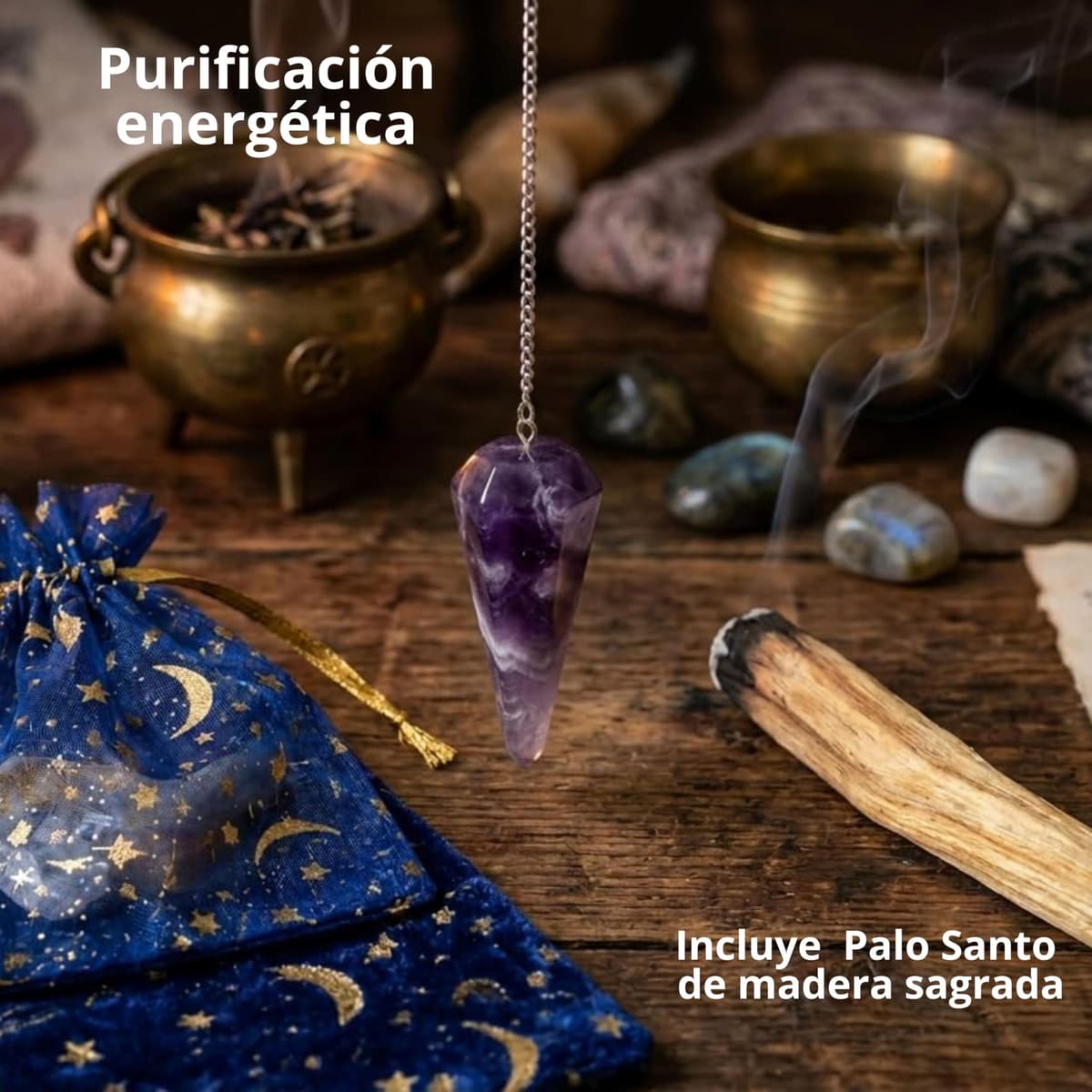 Péndulo Adivinación Amatista Natural +1 Palo Santo + Bolsa de Almacenamiento | Herramienta de Radiestesia y Meditación para Tarot, Reiki y Sanación Espiritual | Cristal Auténtico — view 3