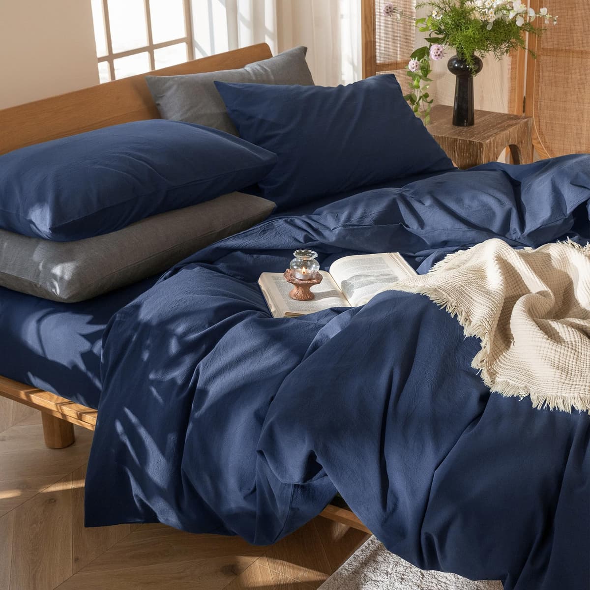 MooMee Bedding Duvet Cover Set 100% Washed Cotton Linen Like Textured Breathable Durable Soft Comfy (Tannish Linen Grey, King) — view 77