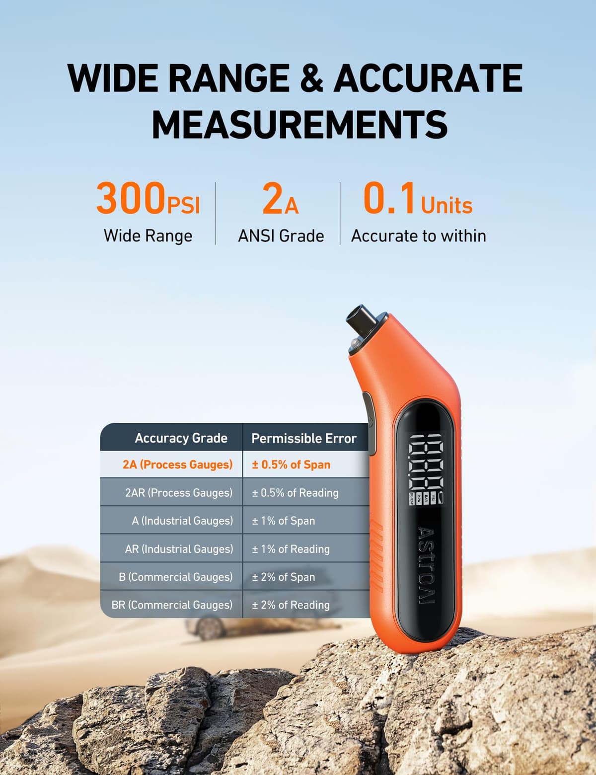 AstroAI Digital Tyre Pressure Gauge 300PSI 20Bar Large Screen with Backlight and Flashlight, 4 Settings Tyre Pressure Checker Suitable for Cars, Trucks, Bicycles, Motorcycles, AAA Batteries — view 2
