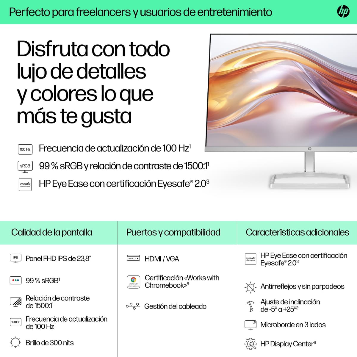 HP 524sf- Monitor de 23.8" FHD (1920x1080, IPS, 100 Hz, 5ms, 99% sRGB, 300 Nits, Contraste 1500:1) Negro con Soporte Plateado — view 3