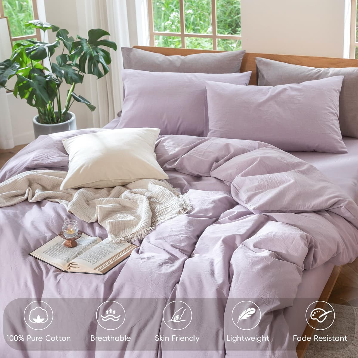 MooMee Bedding Duvet Cover Set 100% Washed Cotton Linen Like Textured Breathable Durable Soft Comfy (Tannish Linen Grey, King) — view 227