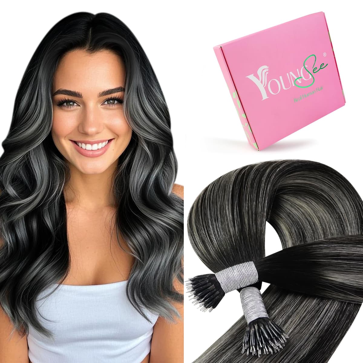 YoungSee Nano Hair Extensions Blonde 16inch Nano Beads Hair Extensions Warm Ash Blonde Highlight Bleach Blonde Nano Ring Hair Extension Highlight for School Soft Cold Fusion 50s 50g — view 50