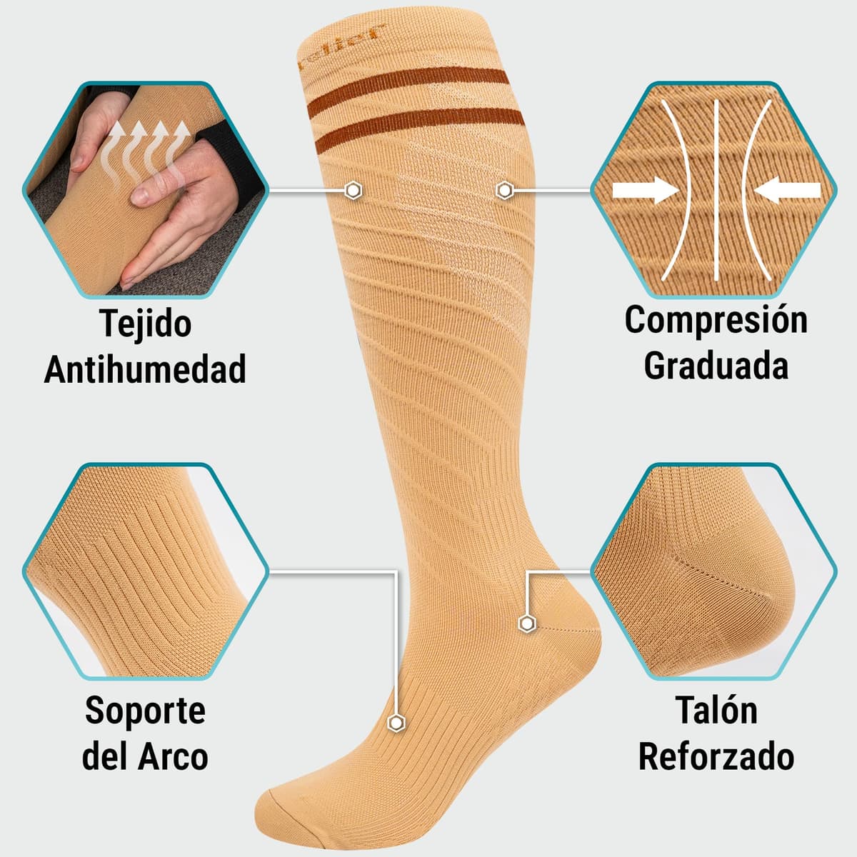 360 Relief Medias de Compresión Mujer y Hombre - 1 Par Calcetines de Compresión para Deportes, Correr, Volar, Viaje, Trabajo, Footing - S/M Beis con Bolsa de Malla — view 23