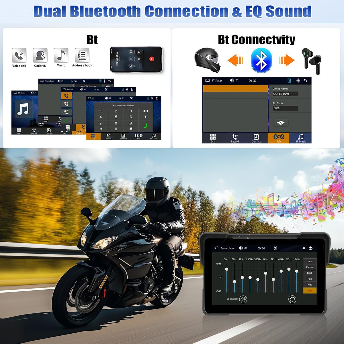 [2025] CAMECHO 7 Pulgadas Inalámbrico Moto Carplay Android Auto, IP67 Impermeable HD Pantalla Táctil GPS Display para Motos con Doble Bluetooth +EQ Airplay Android Cast Siri, G00gle Assistant — view 4
