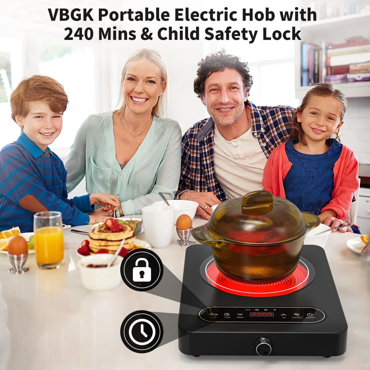 VBGK Portable Ceramic Hob, Single Electric Hob with Knob, LED Display, 10 Power & Temperature Settings, 4-Hours Timer, Safety Lock, Portable Electric Cooktop for All Cookware — view 3
