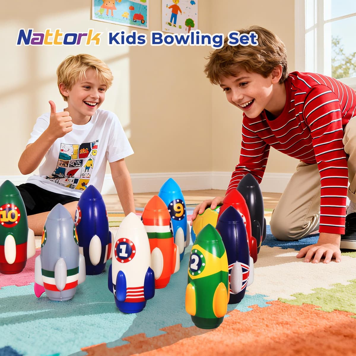Nattork Rocket Children's Bowling Set - Bowling Set for Toddlers Indoor and Outdoor with 10 Foam Nails and 2 Balls, Educational Game for Kids 4-5 and 5-12 Years, Gift — view 2