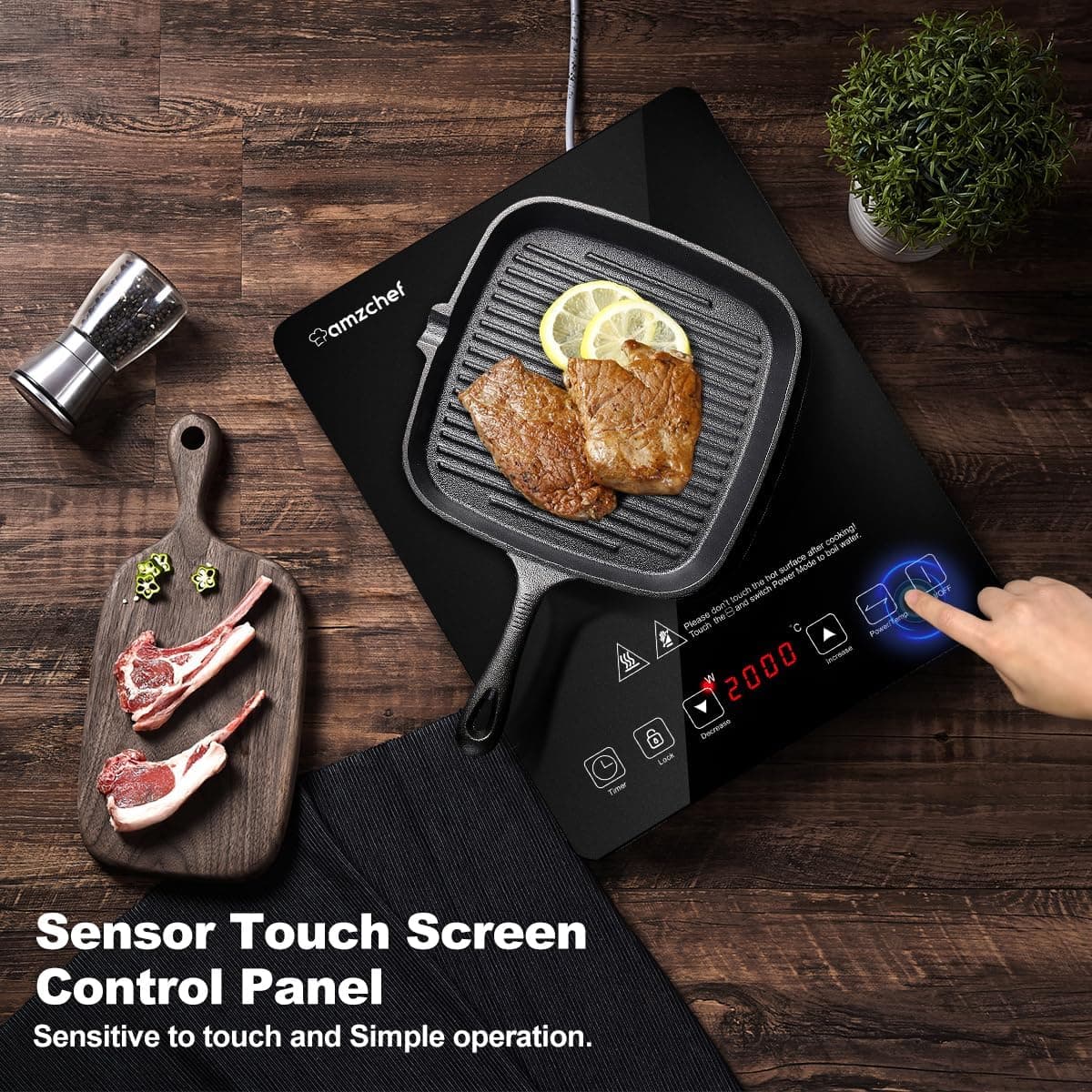 AMZCHEF Single Induction Cooker, Ultra-thin Induction Hob with Fashion Look, 10-level Power and Temperature Control, Black Frosted Glass Panel, Touch Sensor, 3-hour Timer, Safety Lock — view 2